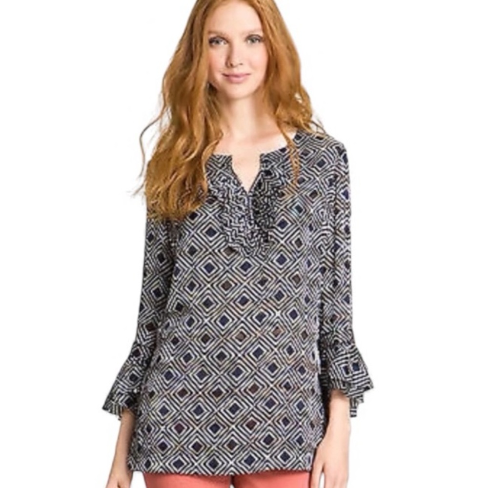 TORY BURCH Normandy Olana Gwenna Ruffle Silk Tunic Blue White Navy Top 0